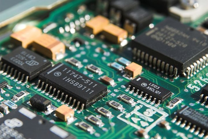 Populated printed circuit board, representative of electronics and PCB assemblies cleaned by Unitech Shyre systems