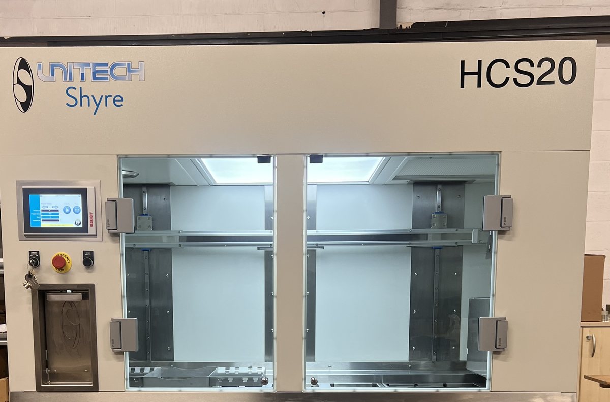 Unitech Shyre HCS20 dip coating system, front view showing the touchscreen control panel and the two open process chambers