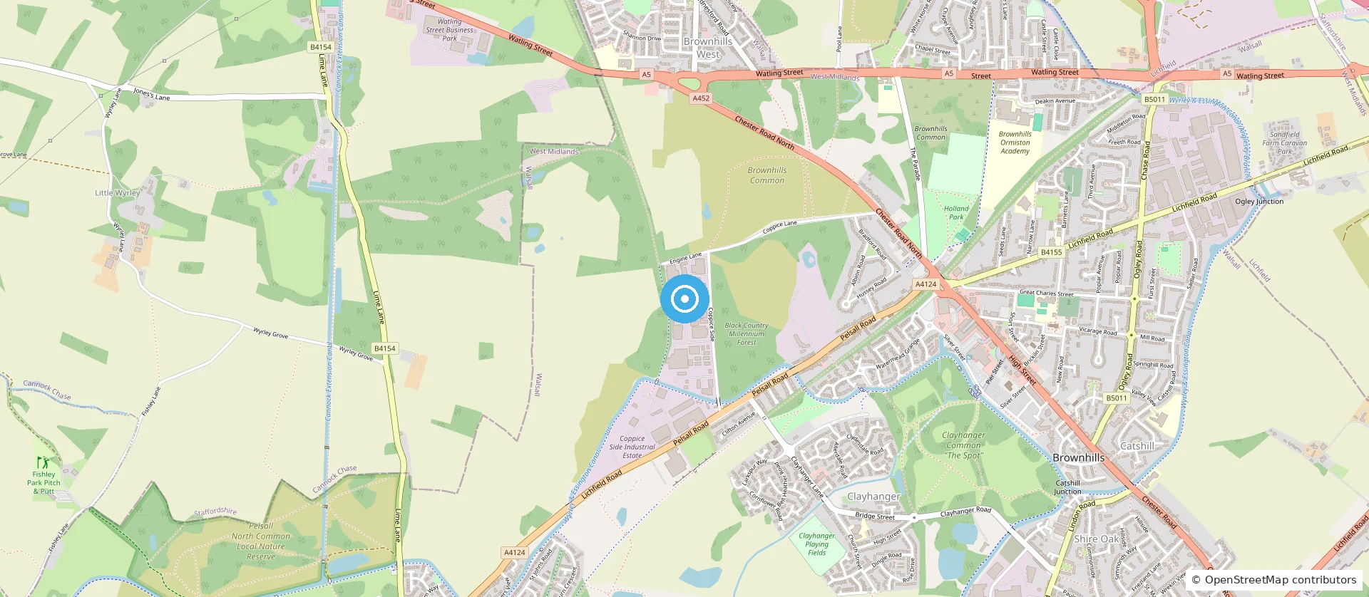 Map showing the Unitech Shyre works on Coppice Side Industrial Estate, Brownhills, with Pelsall Road, Lichfield Road and the A4124 Chester Road North